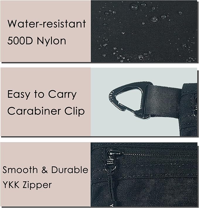 YUMQUA Small Pouch for Travel Essentials, Makeup Pouch Bag with Carabiner Clip on Backpack Dopp Kit Storage Organization for Toiletries, Cosmetics, Tech, Tools, Water Resistant 500D Nylon (Black)