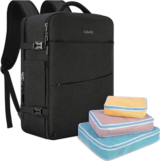 Lubardy Travel Backpack for Men Women 17 Inch Flight Approved Carry on Backpack Waterproof Large 40L Luggage Daypack Business College Weekender Overnight Laptop Backpack with 3 Packing Cubes, Black