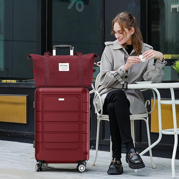 SHOWKOO Luggage Sets with Duffle Bag Expandable 100% PC Durable Suitcase Double Wheels TSA Lock 5pcs Wine Red