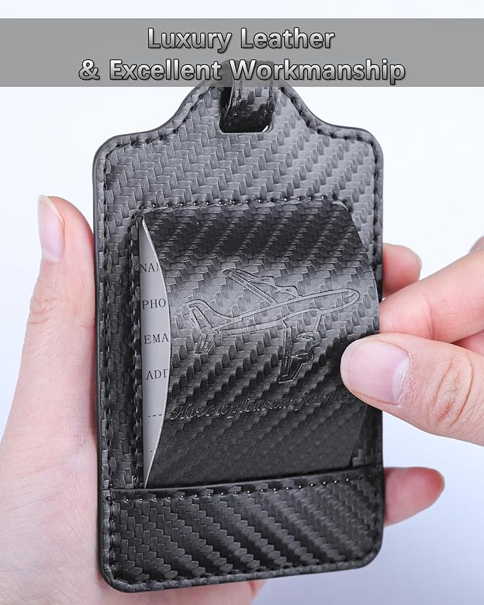 3 Pack Luggage Tags - Quick Install, Privacy Protection, Airplane Travel Essentials for Suitcases, Durable Leather - Carbon Fiber Black