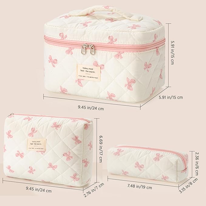 HBselect Quilted Makeup Bag, 3PCS Cotton Large Travel Makeup Bag, Cute Floral Coquette Make up Bag Cosmetic Bag Toiletry Bag for Women Girls