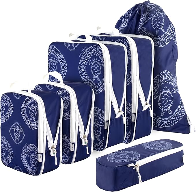 6-Set Compression Packing Cubes for Travel with Drawstring Backpack-Luggage Organizers for Suitcase-Water Resistant, Lightweight Vacation Essentials, Blue Turtle
