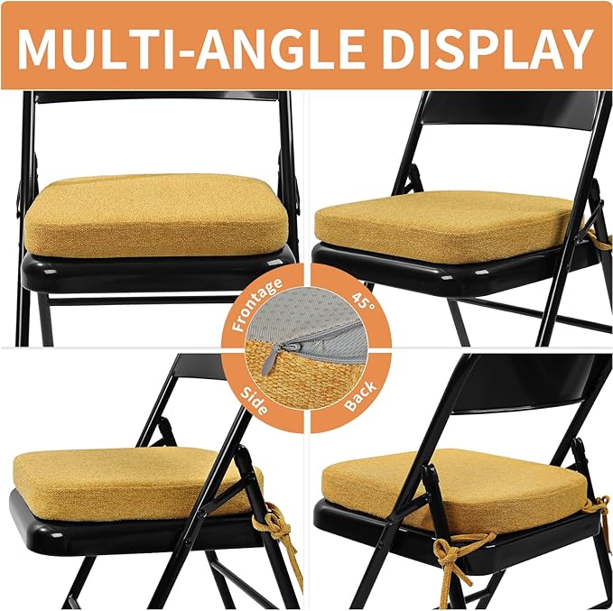 SINOSSO Memory Foam Chair Cushions for Folding Chairs 6 Pack, Thickened 2" Square Pads with Ties for Kitchen Chairs, Indoor Non-Slip Dining Chair Seat Cushions (6 Pcs,Yellow)