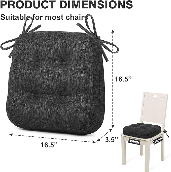 Shinnwa Kitchen Chair Cushions Set of 6, Dual-Layer Memory Foam Dining Chair Cushions, Patented Design Seat Pads with Ties, 16.5 x 16.5 x 3.5in, 6 Pack, Charcoal