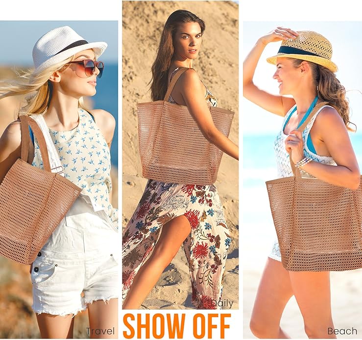 Beach Bags for Women, Summer Travel Mesh Tote Bag with Large Inner Pocket, Sandproof Woven Shoulder Handbag
