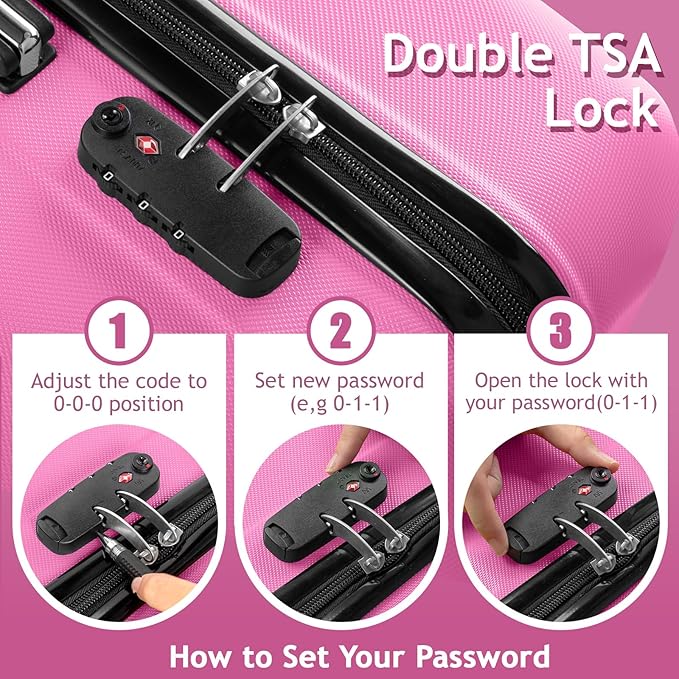 Karl home Luggage Set of 3 Hardside Carry on Suitcase Sets with Spinner Wheels & TSA lock, Portable Lightweight ABS Luggages for Travel, Business - Pink (20/24/28)