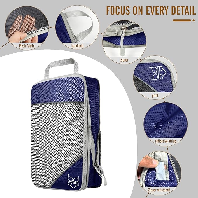 9-Set Packing Cubes with Hanging Bag | 9-Size Combination, Mesh Fabric & Reflective Stripe | Travel Luggage Organizers (Navy)