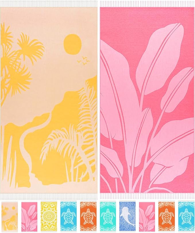 Antfuny 2 Pack Turkish Beach Towel Quick Dry Absorbent Lightweight Thin Bathroom Bath Pool Swim Towels Extra Large Oversized Sand Free Towel Beach Accessories Essentials Stuff Adults Gift Yellow Pink