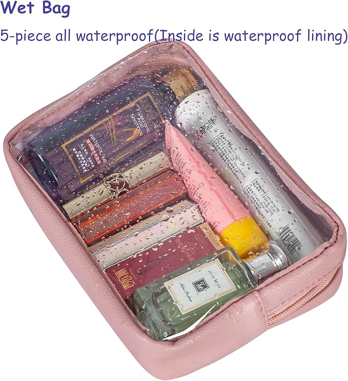 TSA Approved 5-Piece Diaper Bag Organizer Pouch Set Clear Waterproof TPU Kids Toiletry Storage Set Travel Packing Clutch Cube Bags for Baby Nursing (Light Pink Leather)