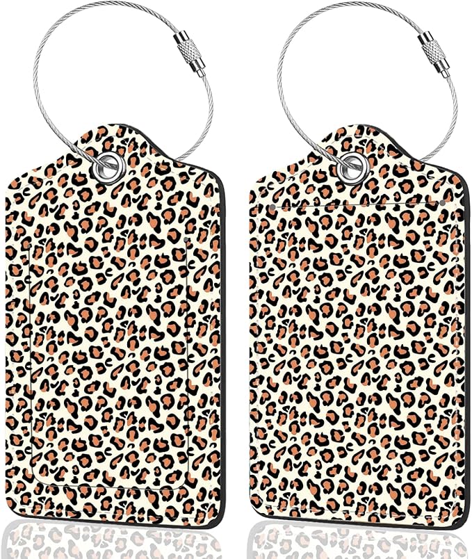 2Pack Luggage Tags for Suitcases, Cute Unique Pu Leather Cruise Luggage Tag with Privacy Cover ID Label Address Card and Metal Ring Suitable for Women Men Kids Travel Bag Leopard Print