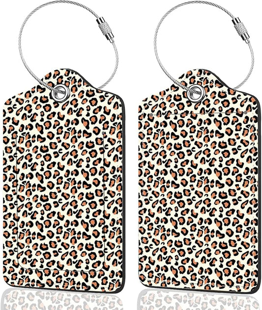 2Pack Luggage Tags for Suitcases, Cute Unique Pu Leather Cruise Luggage Tag with Privacy Cover ID Label Address Card and Metal Ring Suitable for Women Men Kids Travel Bag Leopard Print
