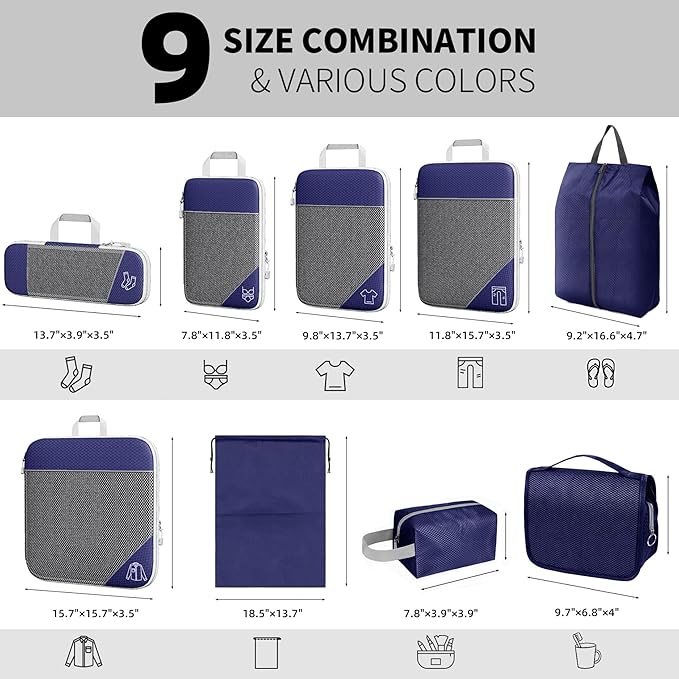 9-Set Packing Cubes with Hanging Bag | 9-Size Combination, Mesh Fabric & Reflective Stripe | Travel Luggage Organizers (Navy)