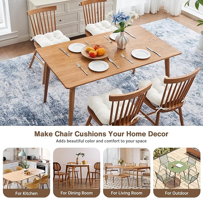 BETU White Chair Cushions for Dining Chairs Set of 4,3.5" Thick Kitchen Table Chair Pads with Ties,Non Slip Backing and Covers, Seat Cushion for Dining Room,Bar,Patio Chairs,16"X16"X3.5",White