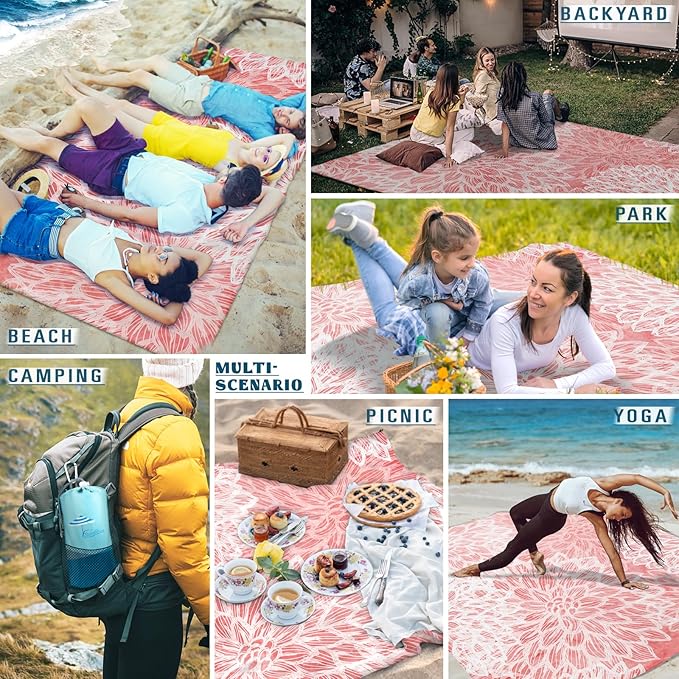 Famstar Beach Blanket Sandproof Waterproof 78''×81''1-5 Adults Oversized,Compact Lightweight Durable Beach Mat for Travel Camping Hiking Picnic Blanket