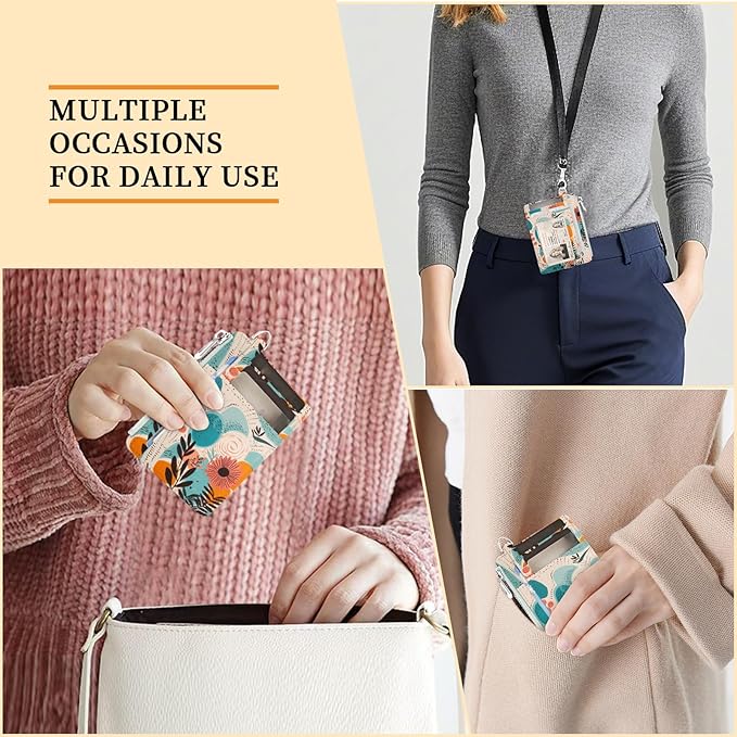 Hancynir Boho Abstract Floral Flower Small Wallet Women Credit Card Holder, Slim RFID Blocking Keychain Card Wallets, Mini Front Pocket PU Leather Travel Zipper Coin Cash Ladies Wallet Organizer Gifts