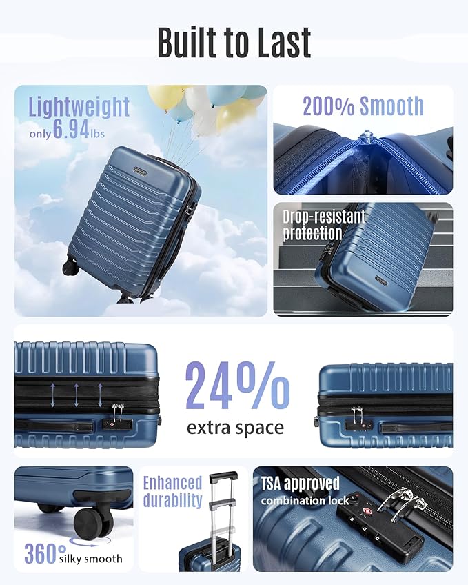 LIGHT FLIGHT Expandable Carry On Luggage 22x14x9 Airline Approved with Double Spinner Wheels, 20 Inch Lightweight Hard Shell Rolling Suitcases with TSA Lock, Blue
