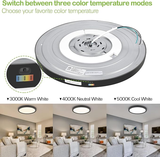 hykolity 18 Inch LED Round Flat Panel Light,32W,3200LM,3CCT | 3000K/4000K/5000K CCT Selectable,120°Beam Angle, Dimmable Edge-Lit Flush Mount Ceiling Light Fixture - ETL Listed,Black