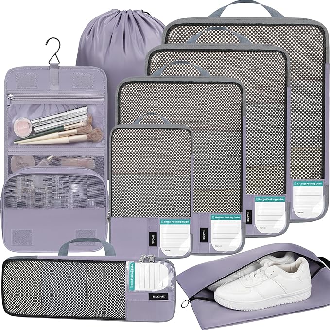 BAGAIL 4 Set/6 Set/8 Set Compression Packing Cubes Travel Accessories Expandable Packing Organizers(HalfMesh,8-Dusty Purple)