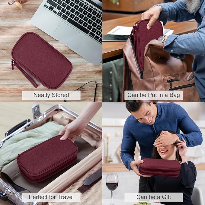FYY Electronic Organizer, Travel Cable Organizer Bag Pouch Electronic Accessories Carry Case Portable Waterproof Double Layers Storage Bag for Cable, Charger, Phone, Earphone, Medium Size, Wine Red