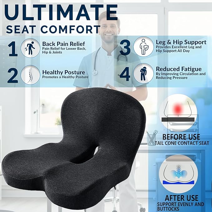 Ergonomic Seat Cushion for Back Pain & Sciatica Relief – Memory Foam Chair Pad for Office Chairs Wheelchair Car & Truck Drivers – Non-Slip Design for Long Sitting Comfort (Black)