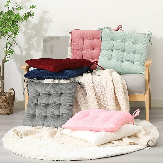 HLOVME Corduroy Chair Cushion with Ties Ultra Soft Warm Floor Cushion for Kids Reading Nook Comfortable Square Seat Cushion for Adult 15.7”x15.7” Set of 2, Pink