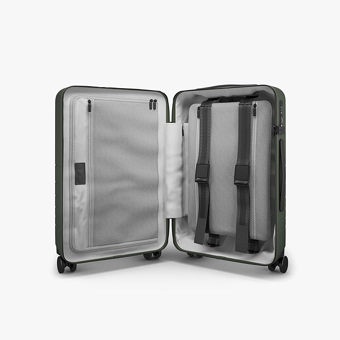 Monos Carry-On Pro Plus Luggage (23"), Hardside Spinner Suitcase with TSA Lock & Front Pocket, Airline Approved, Olive Green