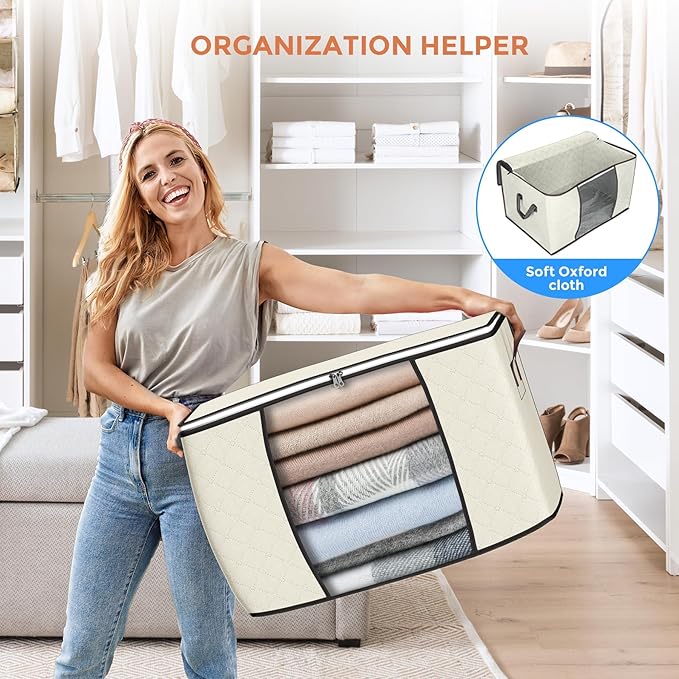 Budding Joy 90 L Large Storage Bags, 10 Pack Clothes Storage Bins Foldable Closet Organizers Storage Containers with Reinforced Handle for Clothing, Blanket, Comforters, Bed Sheets, Pillows (Beige)