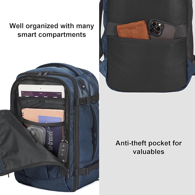 ECOHUB Travel Backpack 18x14x8 Spirit Airlines Personal Item Bag Carry On Backpack 13 Pockets Large Work Casual Daypack for men Airline Approved Waterproof Gym Backpack with Charging Port, Blue
