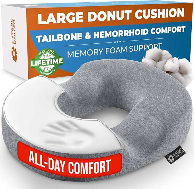 5 STARS UNITED Donut Pillow Hemorrhoid Tailbone Cushion – Large Floor Cushion for Pain Relief – Coccyx, Prostate, Sciatica, Pelvic Floor, Pressure Sores, Pregnancy, Postpartum Recovery, Gray