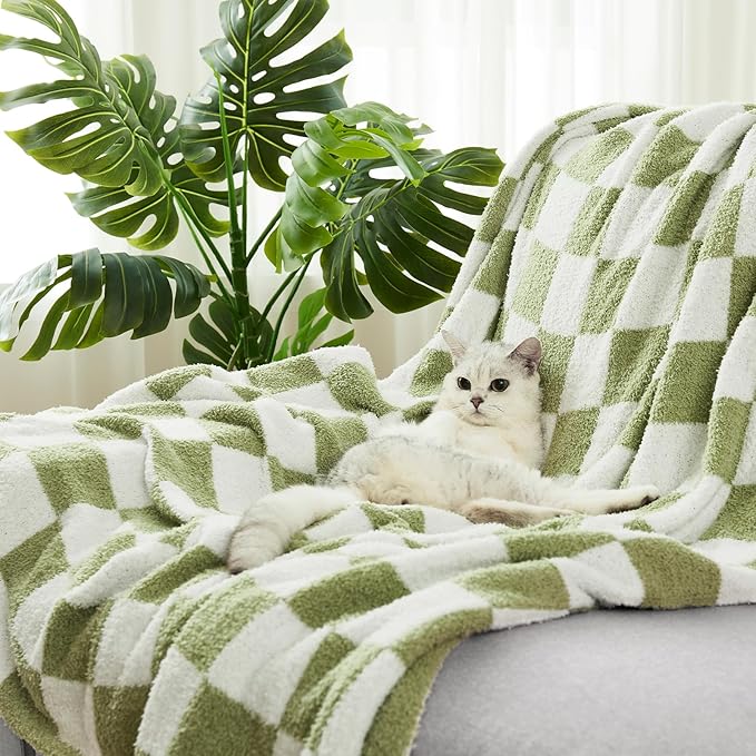 Checkered Throw Blanket, Sage Green Soft Cozy Fluffy Knitted Throw Blankets for Couch, Sofa, Bed, Chair, Warm Fuzzy Travel Picnic Lightweight Plaid Blanket, 50x70 inches