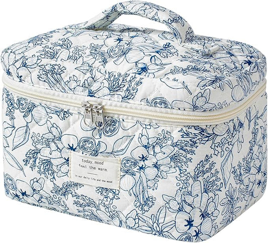 uekeboag Large Travel Quilted Makeup Bag for Women, Floral Cotton Cosmetic Bag, Coquette Aesthetic Floral Toiletry Organizer Bag
