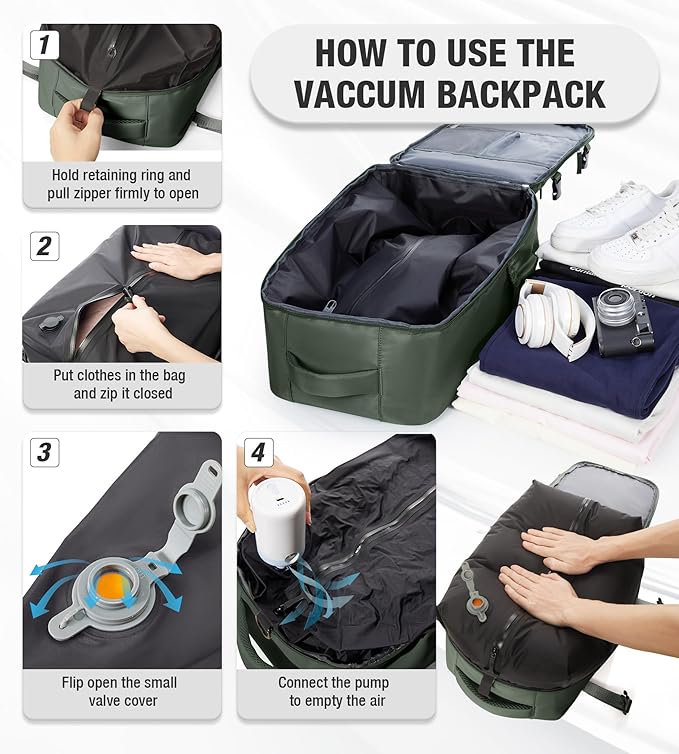 VECAVE Vacuum Travel Backpack with Pump for Women, Personal Item Carry on Backpacks Flight Approved for Men,Laptop Waterproof Work Compression bags Casual Daypack(Green)