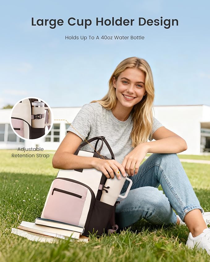 LOVEVOOK Laptop Backpack for Women - Stylish Work Backpack with Large Cup Holder, Waterproof College Teacher Backpack, Coffee, 15.6Inch