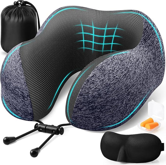 Travel Pillow, Travel Pillows for Sleeping Airplane, Neck Pillow Airplane, Memory Foam Neck Pillow Set with Eye Mask, Earplugs and Storage Bag -Mottled Blue