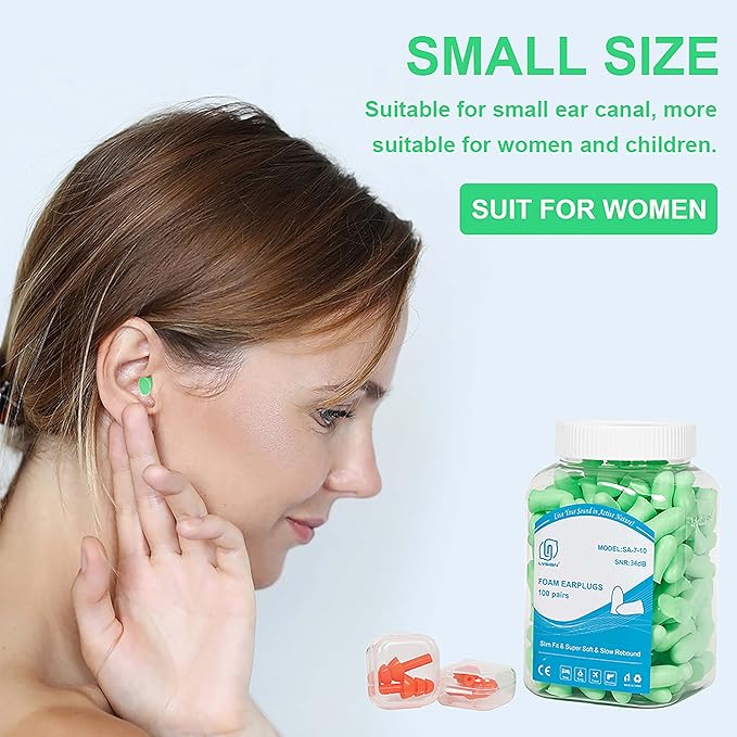 LYSIAN 100 Pairs Slim Foam Ear Plugs for Small Ear Canals Women, 35dB SNR Noise Canceling Sound Blocking Reduction Earplugs for Sleeping, Snoring, Work, Shooting, Studying, Loud Noise
