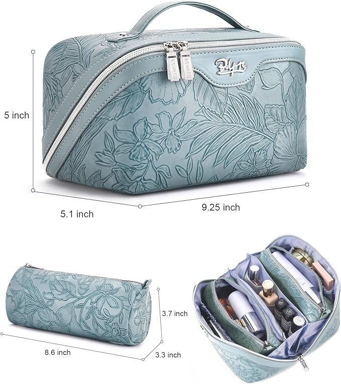BOYATU Travel Makeup Bags Cosmetic Organizer Bag: 3 Pcs Set Large Capacity Floral Make up Bag with Compartments - Waterproof Leather Toiletry Bags with Handle for Women (01-Light Blue)