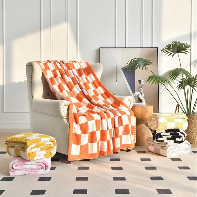 Checkered Blanket, Cozy Soft Throw Blankets for Couch Bed, Fluffy Plaid Lightweight Comfy Travel Picnic Blanket Gifts for Sofa Chair Living Room Camping (Yellow, Throw 50"x60")
