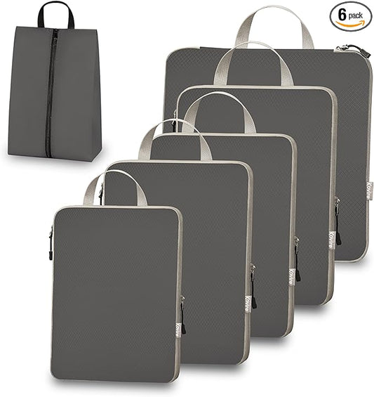 Compression Packing Cubes for Travel, Set of 6 Expandable Luggage Organizers with Shoe Bag, Lightweight Water-Resistant Suitcase Essentials for Carry-on & Checked Luggage, Grey