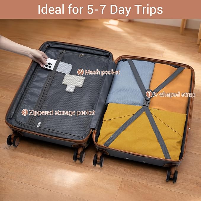 Kono 28 Inch Large Suitcase, Expandable for Long Trips, Impact-Resistant ABS+PC & Silent Wheels, Black, Lightweight Hardshell Luggage, Smooth Rolling Spinner Suitcase for Travel，Navy/Brown