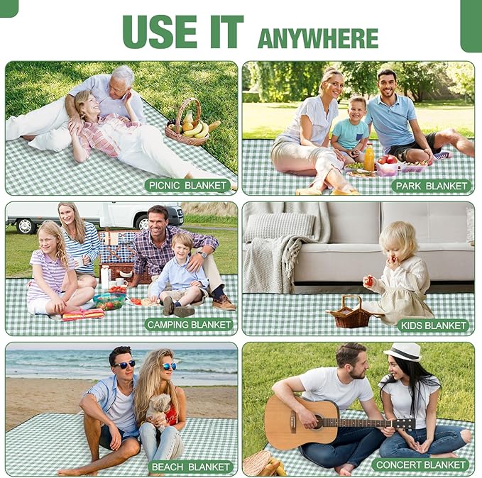 G GOOD GAIN Picnic Blankets Outdoor Extra Large - 80"x80" Portable Waterproof Picnic Blanket, Machine Washable 3-Layer Foldable Park Mat with Sandproof Backing for Grass, Hiking, Travel (Olive Green)