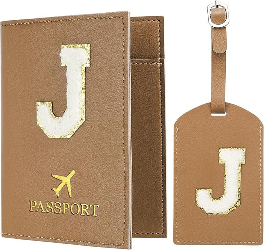 PATIKIL Passport Holder for Travel, Initial Passport Cover and Luggage Tag Set with Alphabet Chenille Letter Patch Travel Wallet Bag Suitcase Identifier for Women Family Travel Brown J