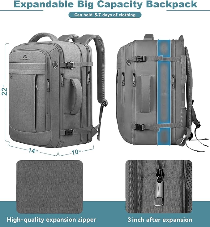 60L Travel Laptop Backpack for Men, Extra Large Backpack, Big Capacity Carry On Backpack, 18-19 Inch Laptop Backpack Water Resistant Luggage Computer Daypack College Bag, Grey