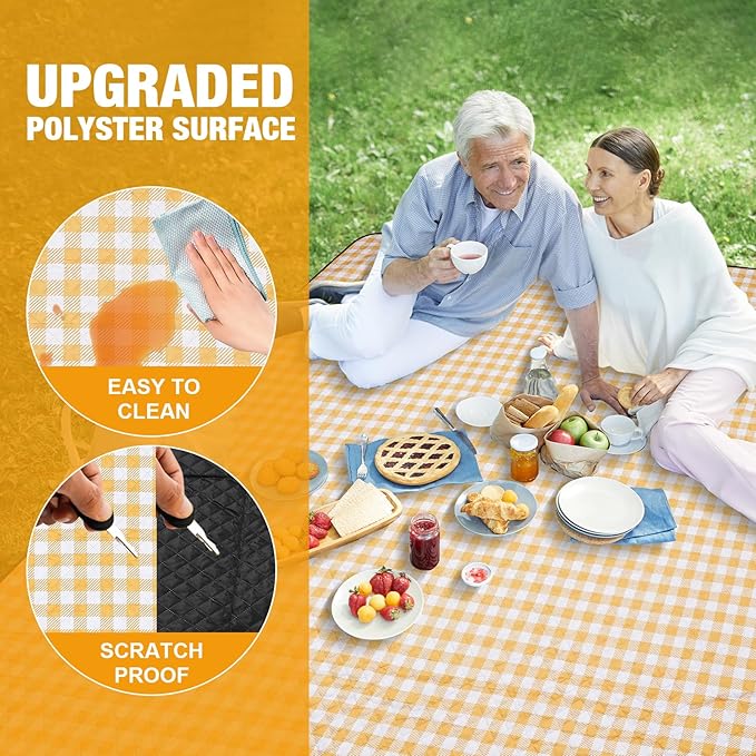 G GOOD GAIN Picnic Blankets Outdoor Extra Large - 80"x80" Portable Waterproof Picnic Blanket, Machine Washable 3-Layer Foldable Park Mat with Sandproof Backing for Grass, Hiking, Travel (Yellow)