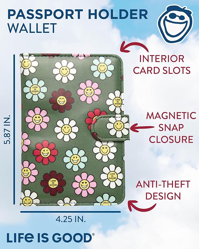 Life is Good Travel Passport Cover - Anti-Theft Passport Holder Wallet with Interior Card Slots with Magnetic Snap Closure, Happy Daisy