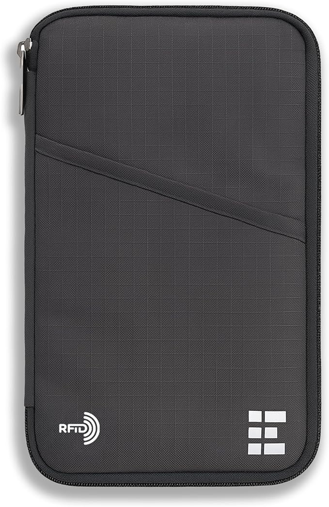 Zero Grid RFID Family Passport Holder for up to 6 Passports, Large Zippered Wallet for Men & Women, Fits Cards, Cash, ID, Sim Card; Premium & Compact Travel Document Holder - Shadow Grey