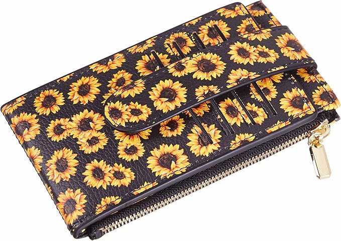 Chelmon Womens Wallet Slim RFID Blocking Bifold Multi Card Case Wallet with Zipper Pocket (Sunflower)
