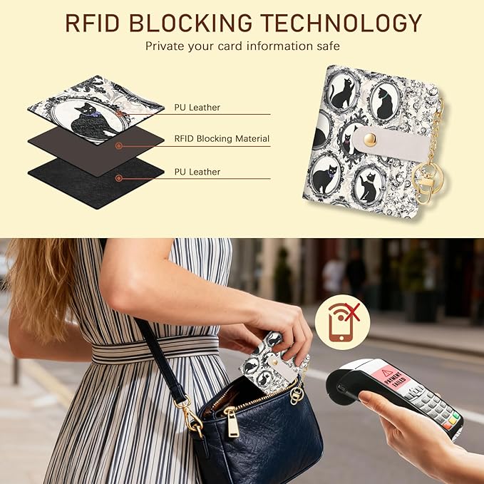 Jogjam Vintage Black Cats Rfid Ladies Wallet, Small Slim Thin Compact Credit Card Women Wallet, Art Aesthetics PU Leather Bifold Cash Zipper Coin Pocket for Female