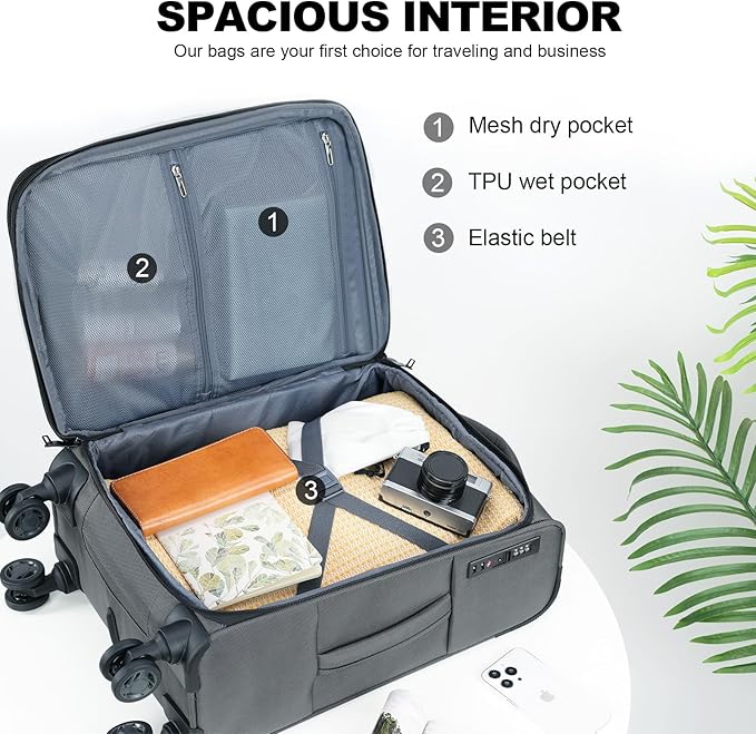 KROSER Softside Expandable Carry On Luggage with Front Business Pockets，20 Inch Suitcases with Spinner Wheels & Built-in TSA Lock, Durable Suitcase Rolling Luggage with USB Port, Grey