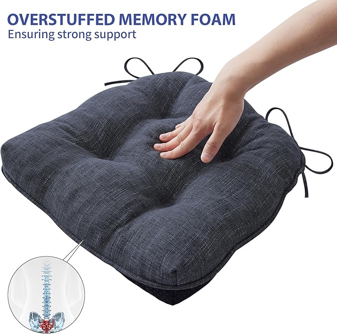 Chair Cushions for Dining Chairs Set of 4, Kitchen Chair Cushions, Chair Pads with Ties and Non Slip Backing, Tufted Memory Foam Seat Cushion 4 Pack, 18" x 18" x 4", Navy Blue
