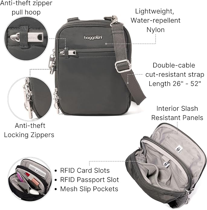 Baggallini Securtex® Anti-theft Mini Everything Crossbody Bag, 6.3"x8.25" Rfid, Locking Zippers & Cut-resistant Strap
